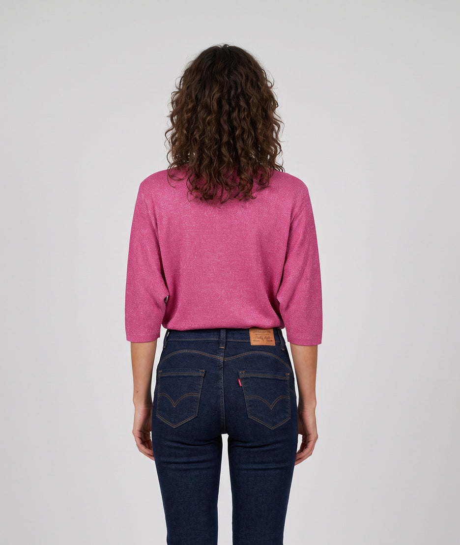 Pull femme Modali fushia brillant en maille fine avec col V et manches mi-longues