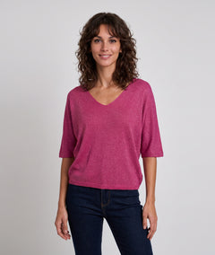 Pull femme Modali fushia en maille fine avec col V et manches mi-longues