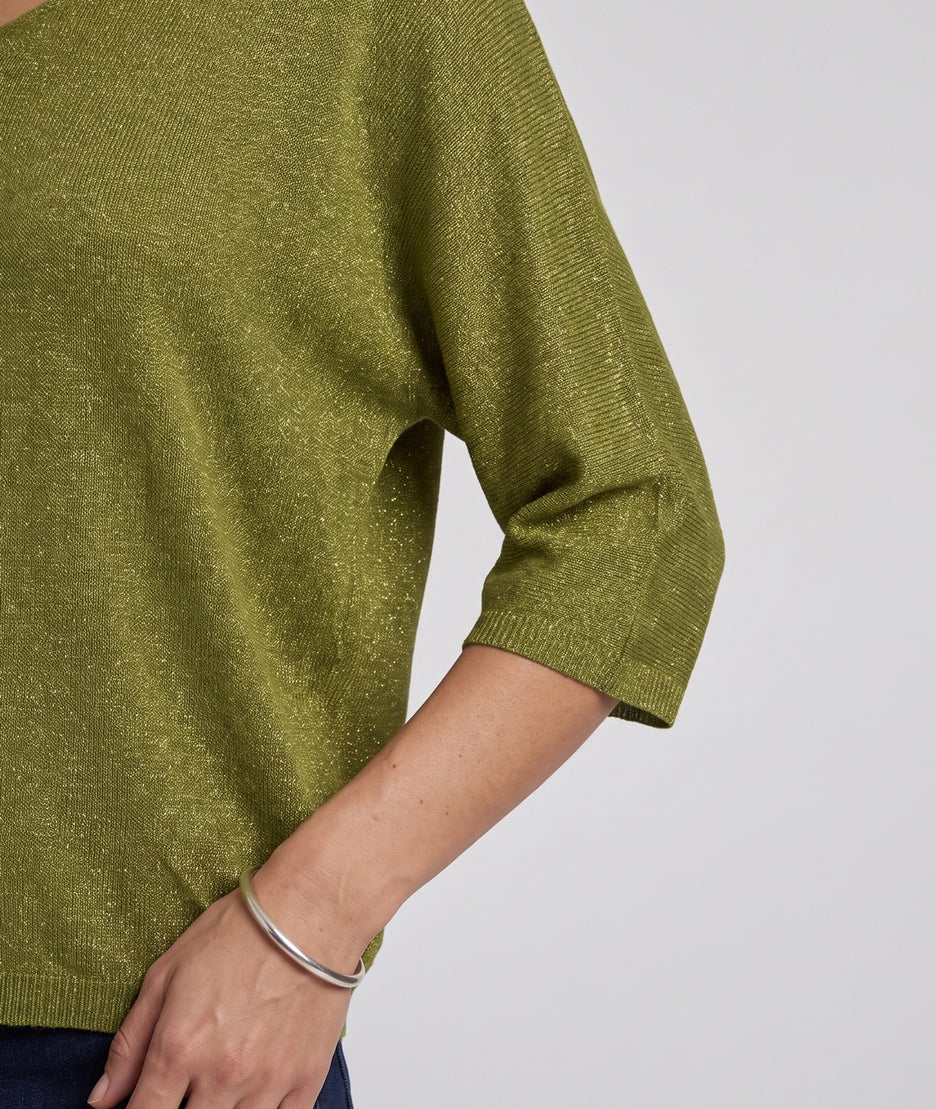 Pull femme Modali vert brillant en maille fine avec col V et manches mi-longues détail manches
