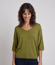 Pull femme Modali vert brillant en maille fine avec col V et manches mi-longues