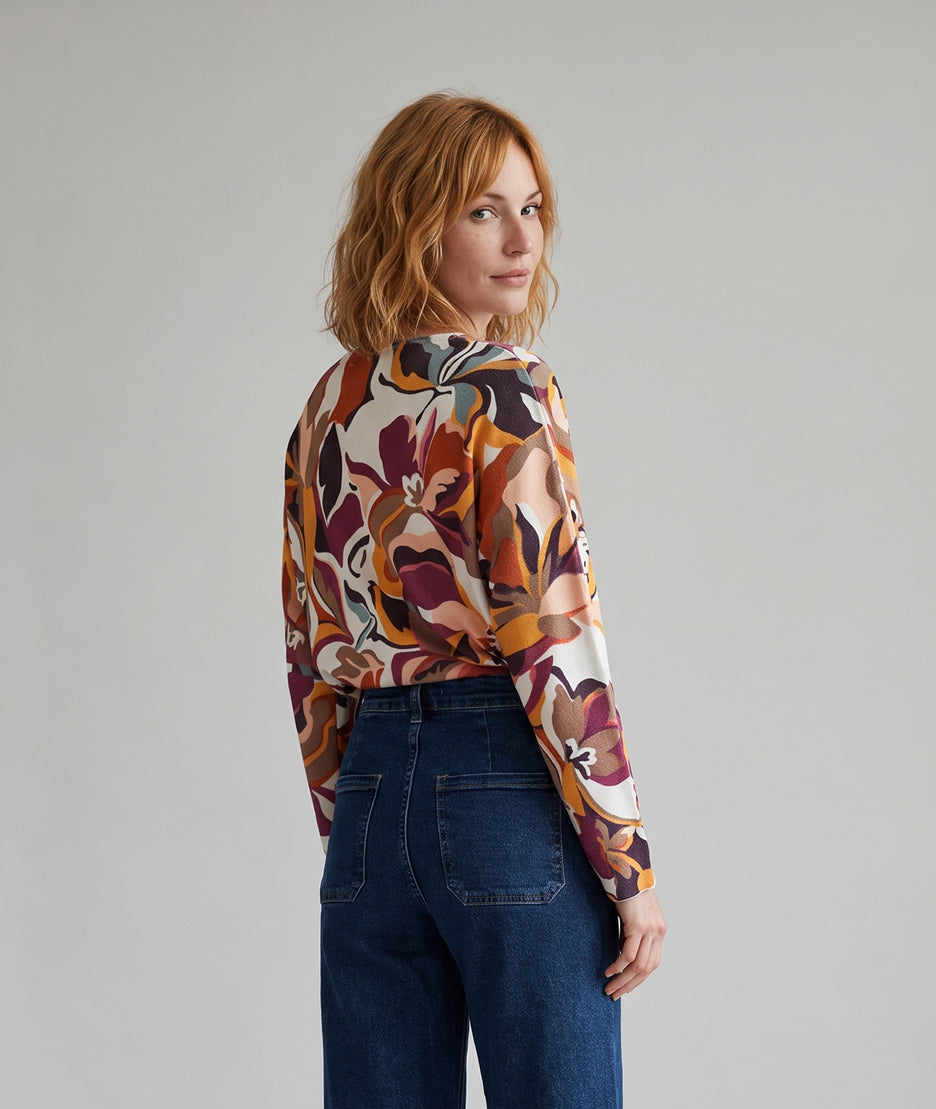Pull manches longues femme Modo à motifs colorés avec col V et manches chauve-souris
