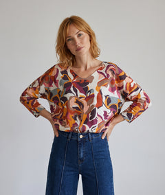 Pull manches longues femme Modo à motifs colorés avec col V et manches chauve-souris