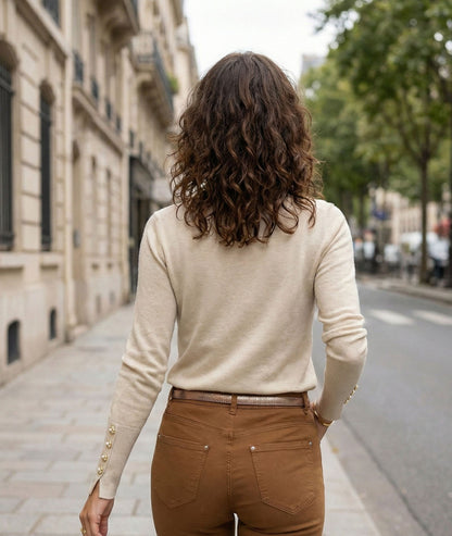 Pull col V uni beige face arrière