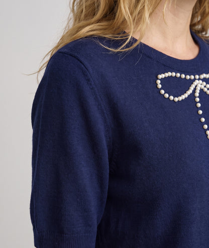 Pull manches courtes femme marine en maille fine avec nœud en perles au col