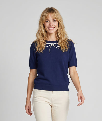 Pull manches courtes femme marine en maille fine avec nœud en perles au col