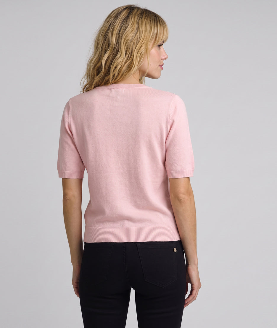 Pull manches courtes femme rose pale en maille fine avec nœud en perles au col