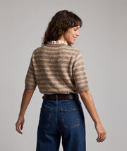 Pull manches courtes femme Salva beige à rayures avec col et détails en dentelle