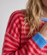 Pull Iconic femme à rayures rouges roses et bleu ciel detail épaule