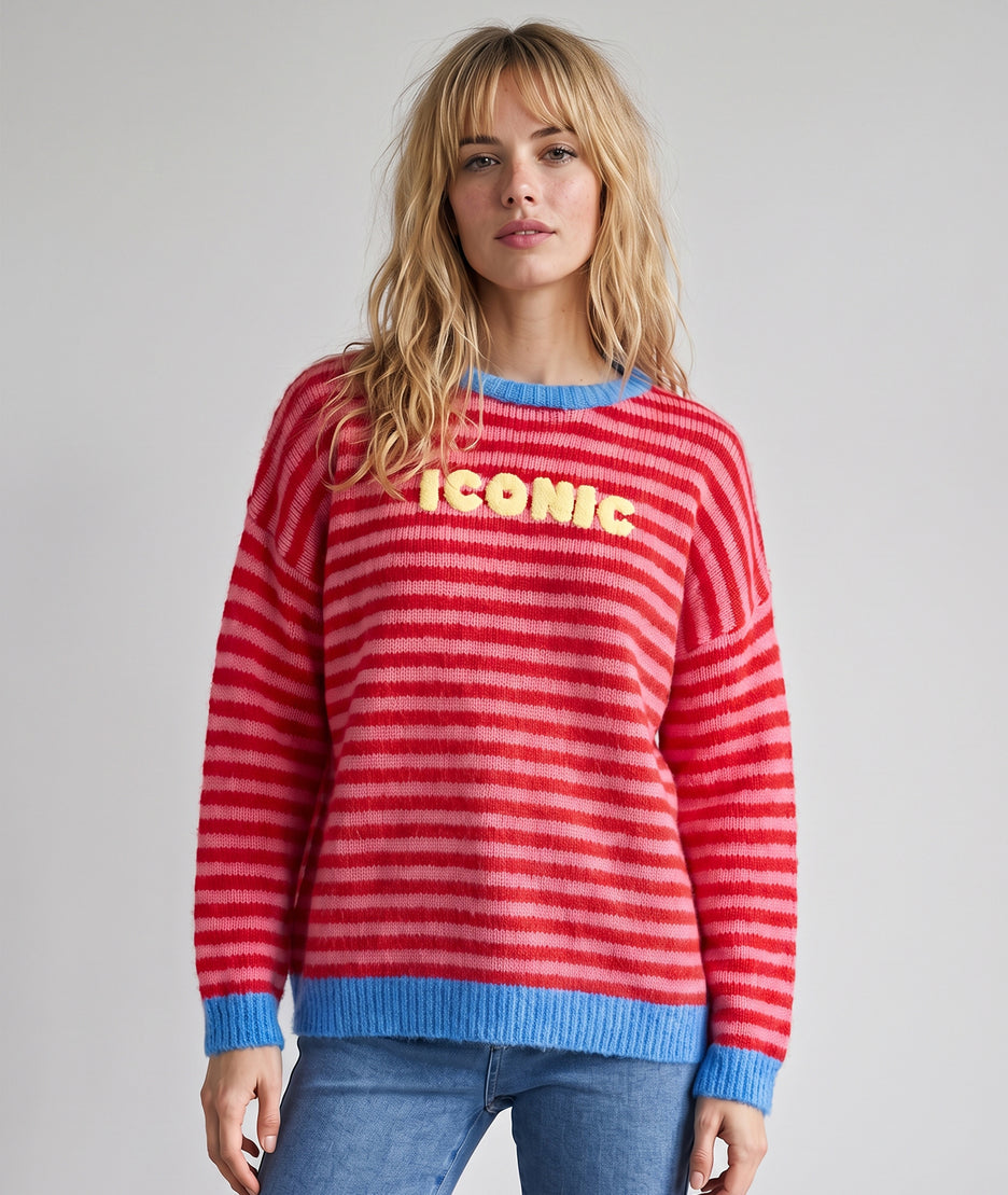 Pull Iconic femme à rayures rouges roses et bleu ciel face avant
