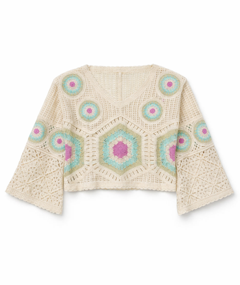 Pull court en maille ajourée avant - vert/rose