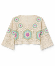 Pull court en maille ajourée avant - vert/rose