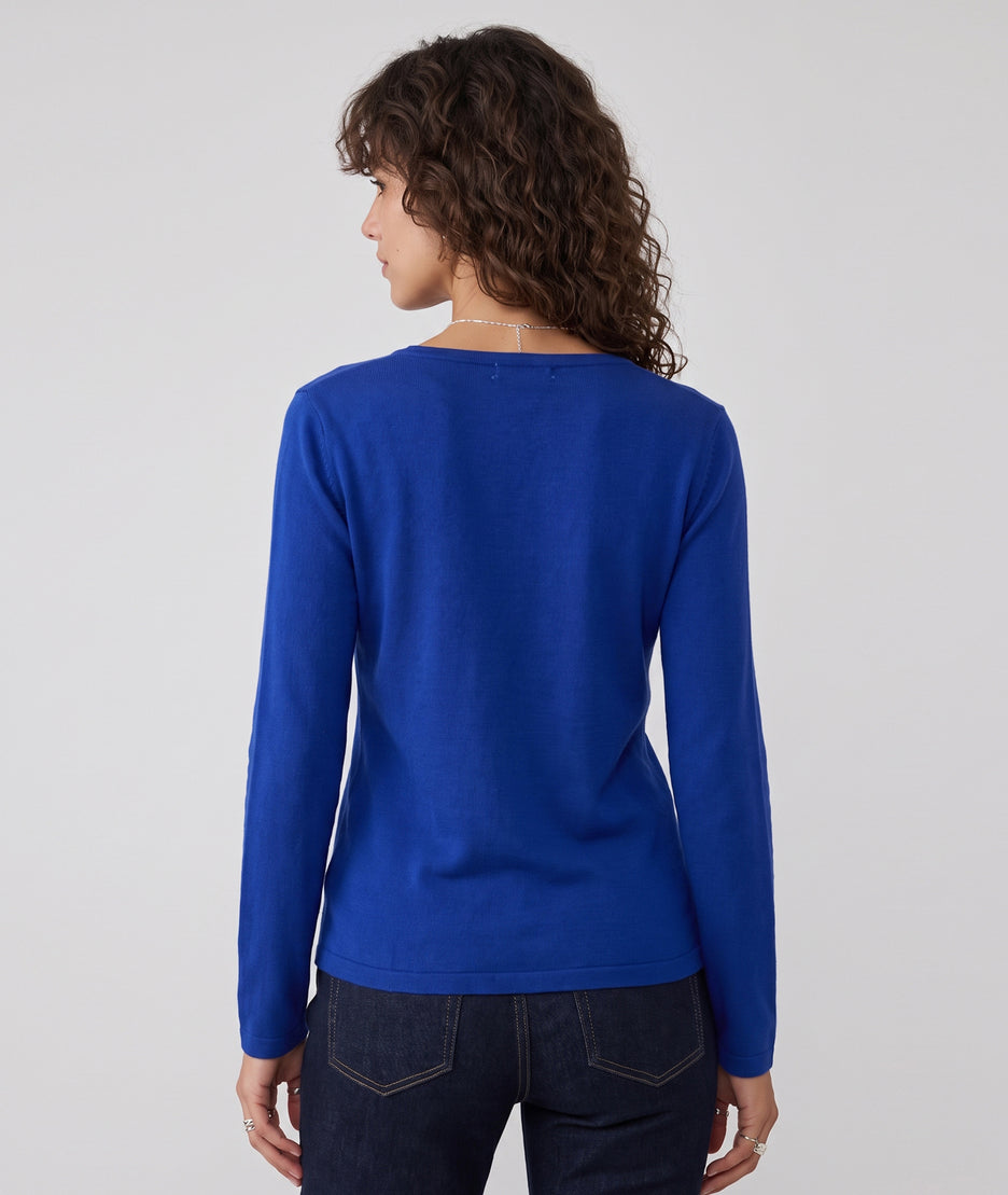 Pull col V femme Suzanna bleu roi en maille fine avec boutons