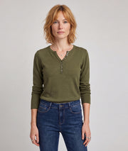 Pull col V femme Suzanna kaki en maille fine avec boutons