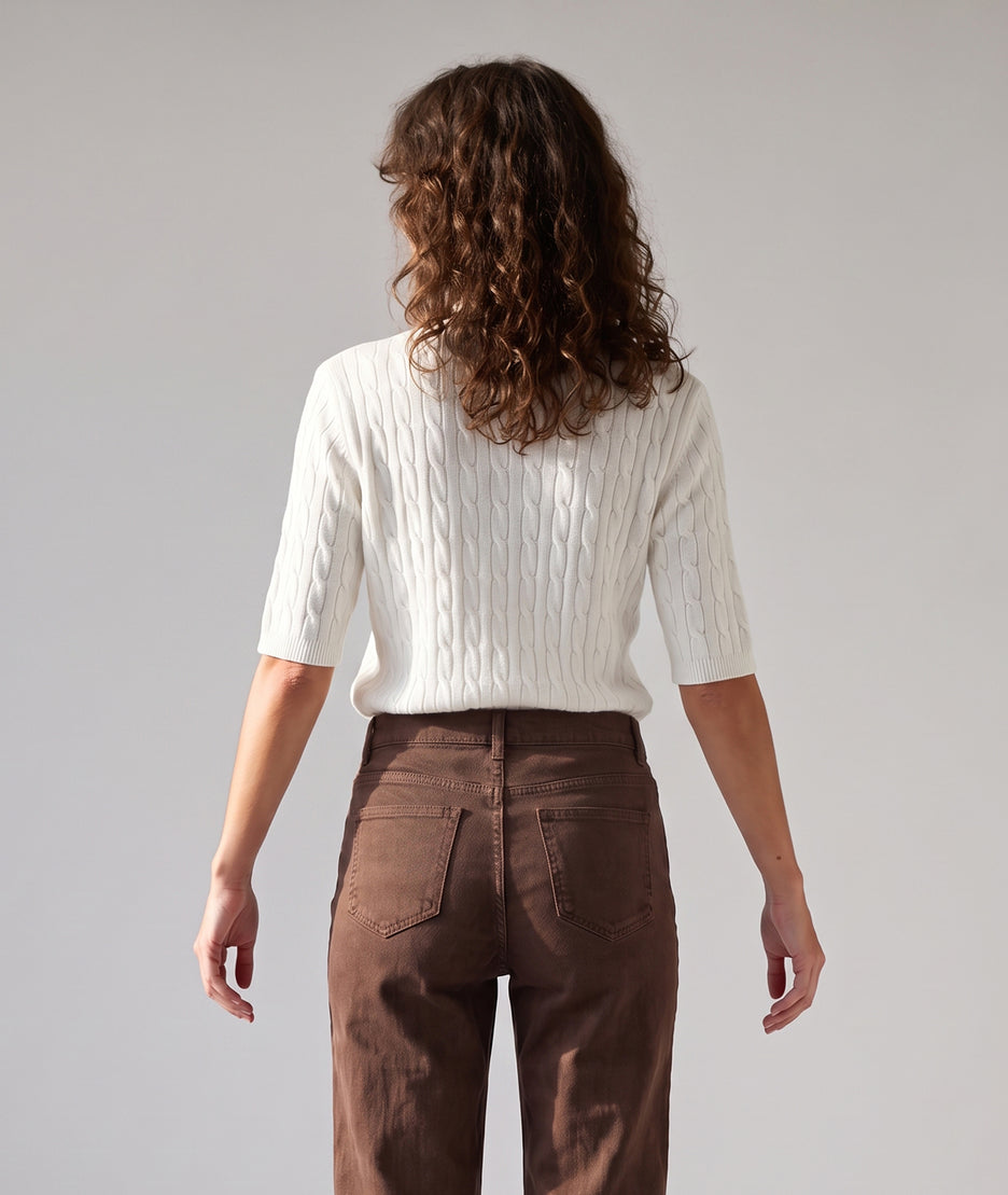 Pull manches courtes femme Tasca écru en maille torsadée fine et col rond