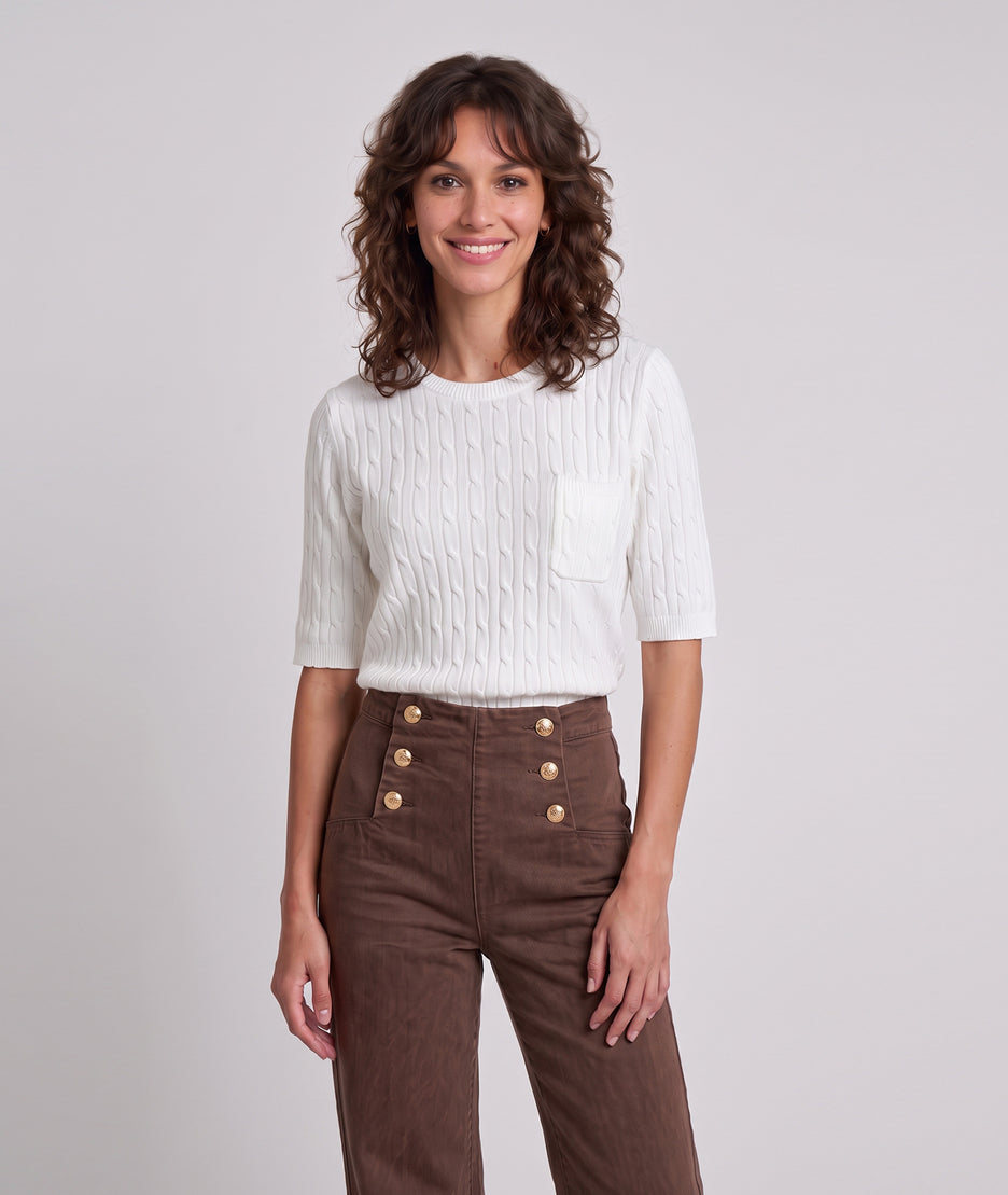 Pull manches courtes femme Tasca écru en maille torsadée fine et col rond