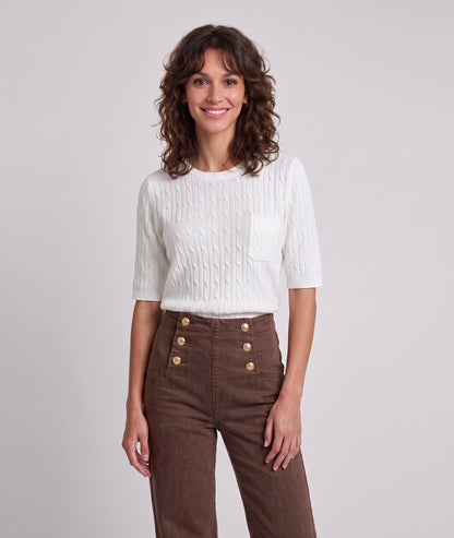 Pull manches courtes femme Tasca écru en maille torsadée fine et col rond