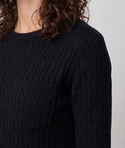 Pull manches courtes femme Tasca noir en maille torsadée fine et col rond