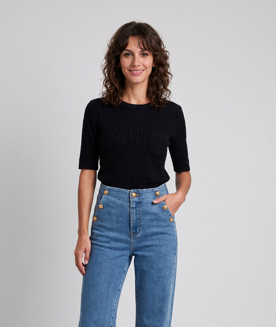 Pull manches courtes femme Tasca noir en maille torsadée fine et col rond