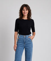 Pull manches courtes femme Tasca noir en maille torsadée fine et col rond