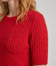 Pull manches courtes femme Tasca rouge en maille torsadée fine et col rond