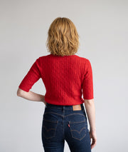 Pull manches courtes femme Tasca rouge en maille torsadée fine et col rond