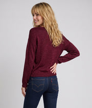 Pull pailleté Ulia bordeaux en maille fine femme avec manches longues et col V