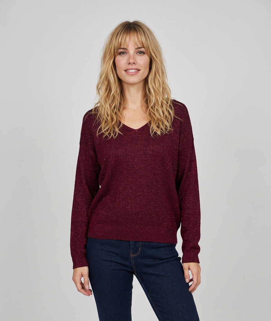 Pull pailleté Ulia bordeaux en maille fine femme avec manches longues et col V