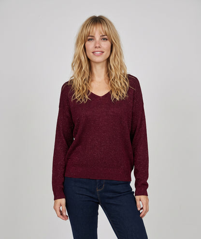 Pull pailleté Ulia bordeaux en maille fine femme avec manches longues et col V