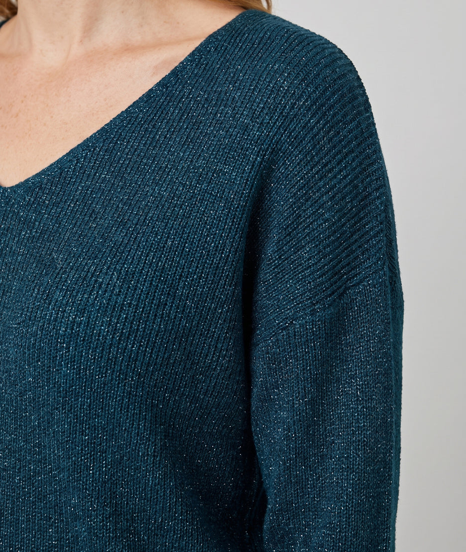 Pull pailleté Ulia canard en maille fine femme avec manches longues et col V