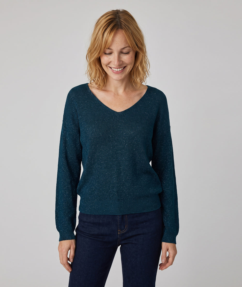 Pull pailleté Ulia canard en maille fine femme avec manches longues et col V