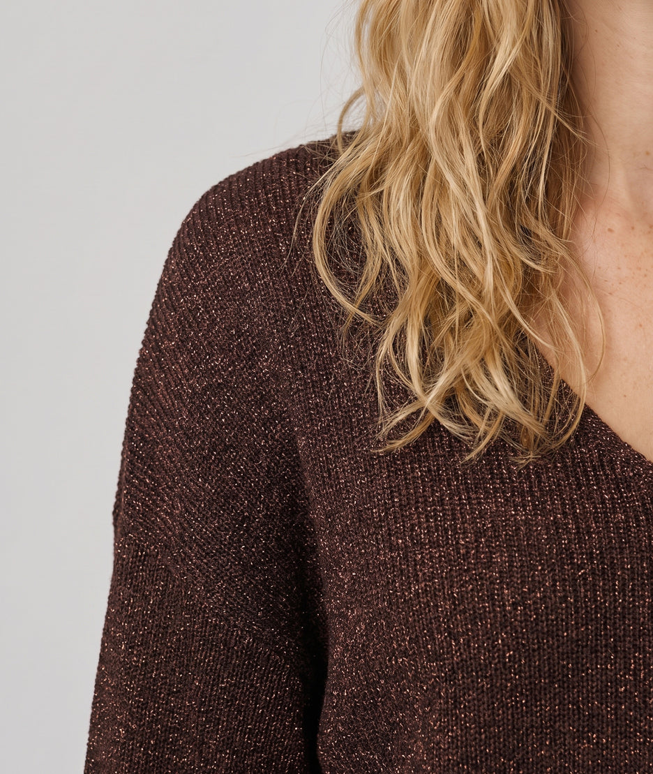 Pull pailleté Ulia choco en maille fine femme avec manches longues et col V