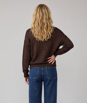 Pull pailleté Ulia choco en maille fine femme avec manches longues et col V
