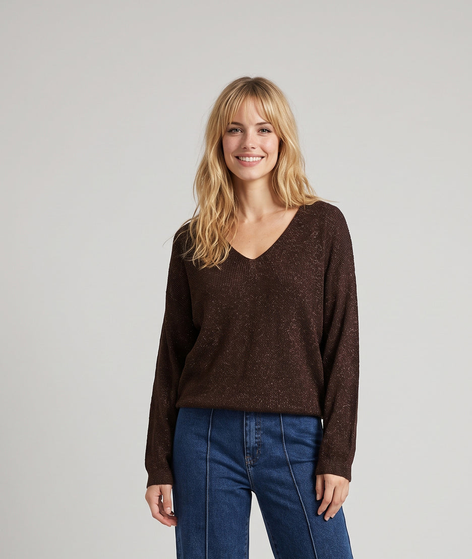 Pull pailleté Ulia choco en maille fine femme avec manches longues et col V