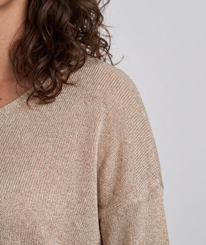 Pull pailleté Ulia écru en maille fine femme avec manches longues et col V