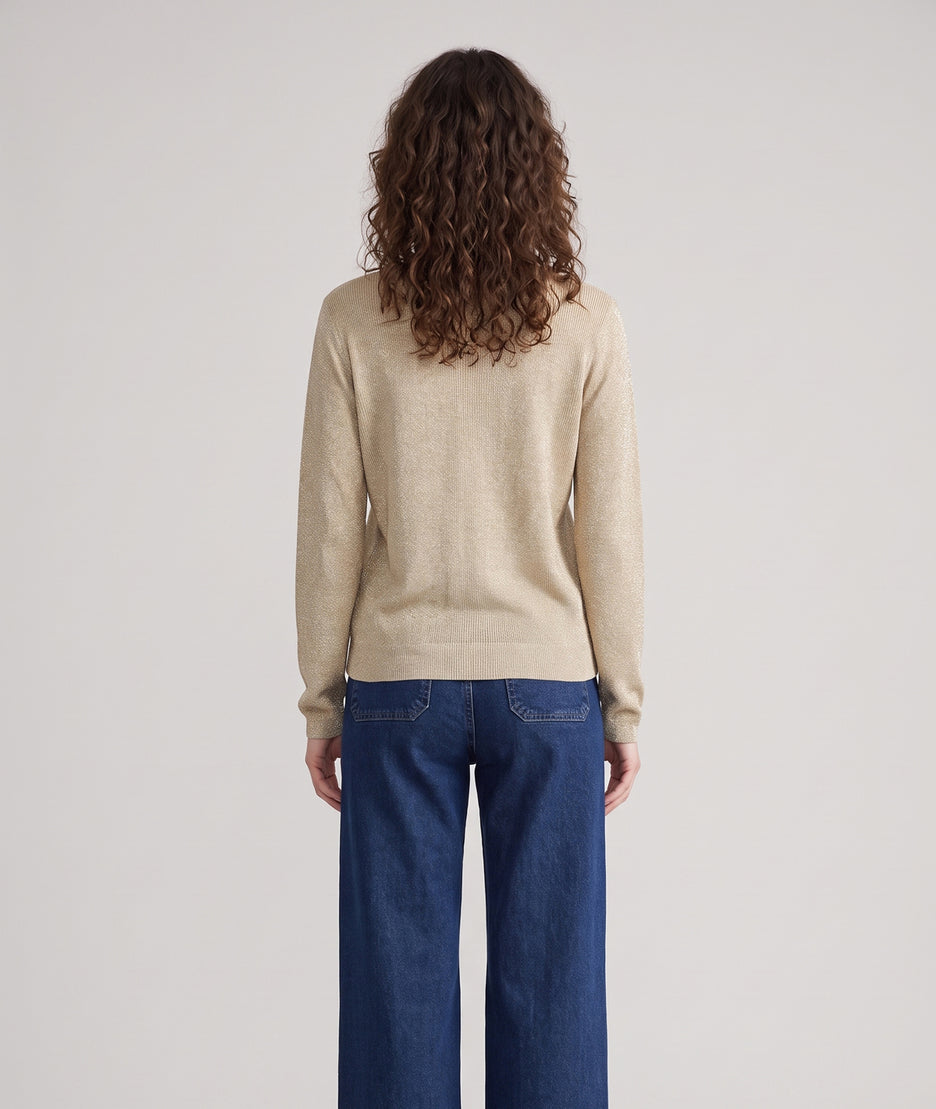 Pull pailleté Ulia écru en maille fine femme avec manches longues et col V