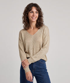 Pull pailleté Ulia écru en maille fine femme avec manches longues et col V