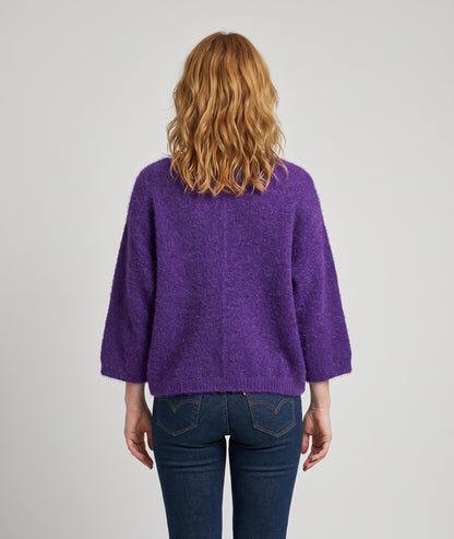 Pull en maille duveteuse violet Vicky col V femme à coupe ample et manches 3/4 chauve-souris