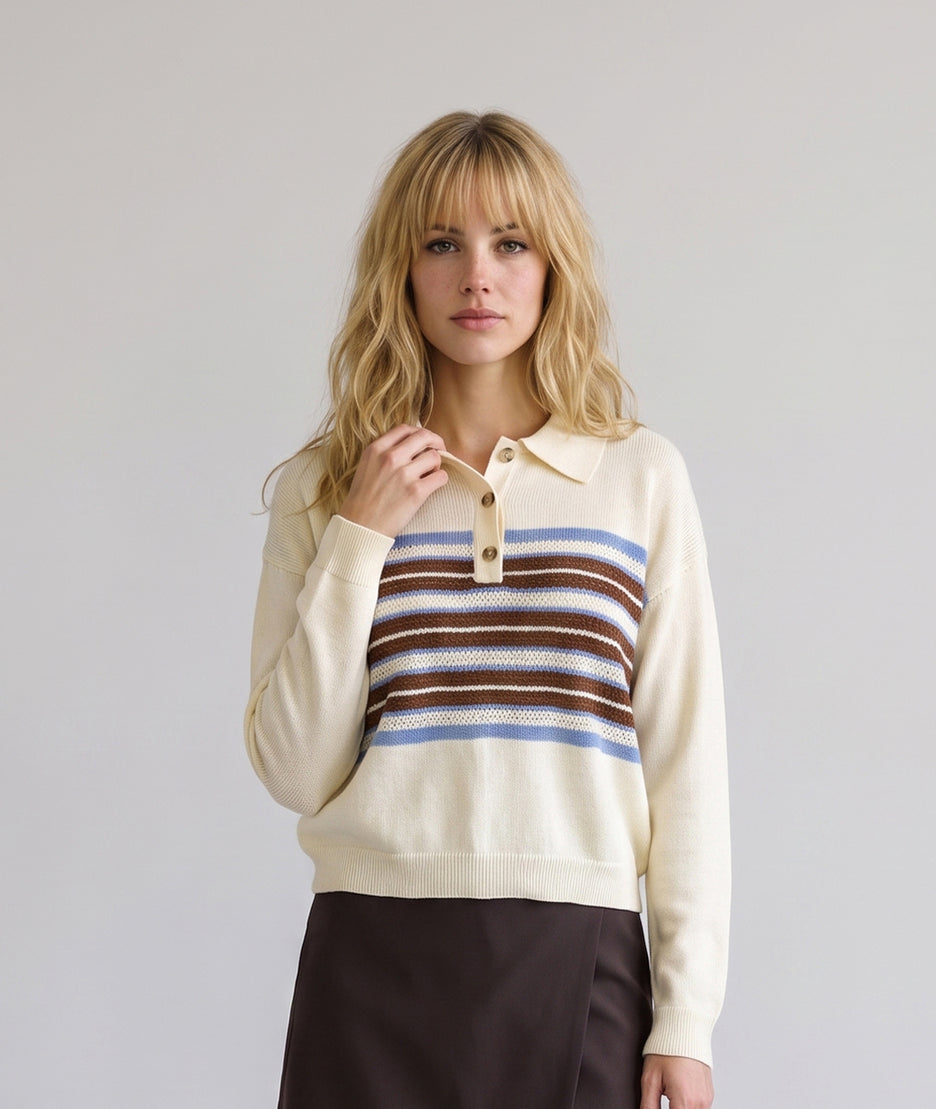Pull Will écru style polo à rayures — marque Carnaby