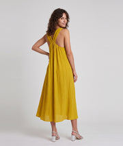 Robe midi Adel ocre brillante à bretelles avec détails argentés — marque 