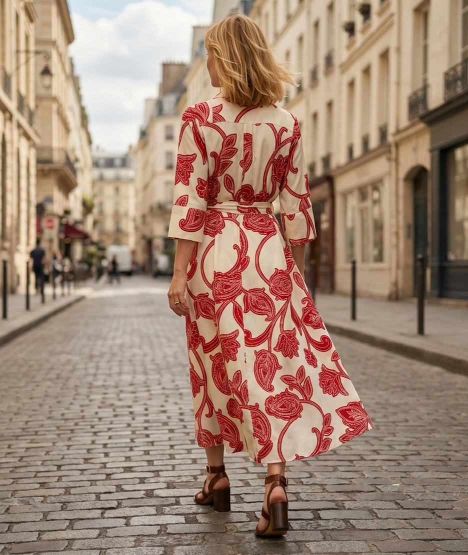 Robe Annaelle chemise longue à motif - rouge