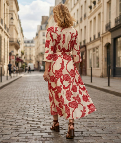 Robe Annaelle chemise longue à motif - rouge