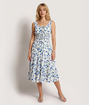 Robe Armande midi blanc bleu motif fleuri face — marque Carnaby