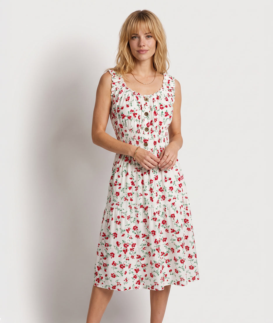 Robe Armande midi blanc rouge motif fleuri face — marque Carnaby