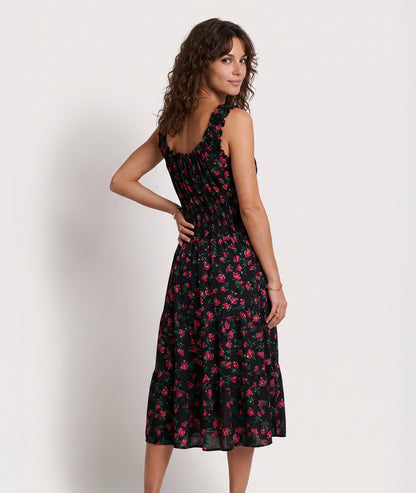 Robe Armande midi noir rouge motif fleuri dos — marque Carnaby