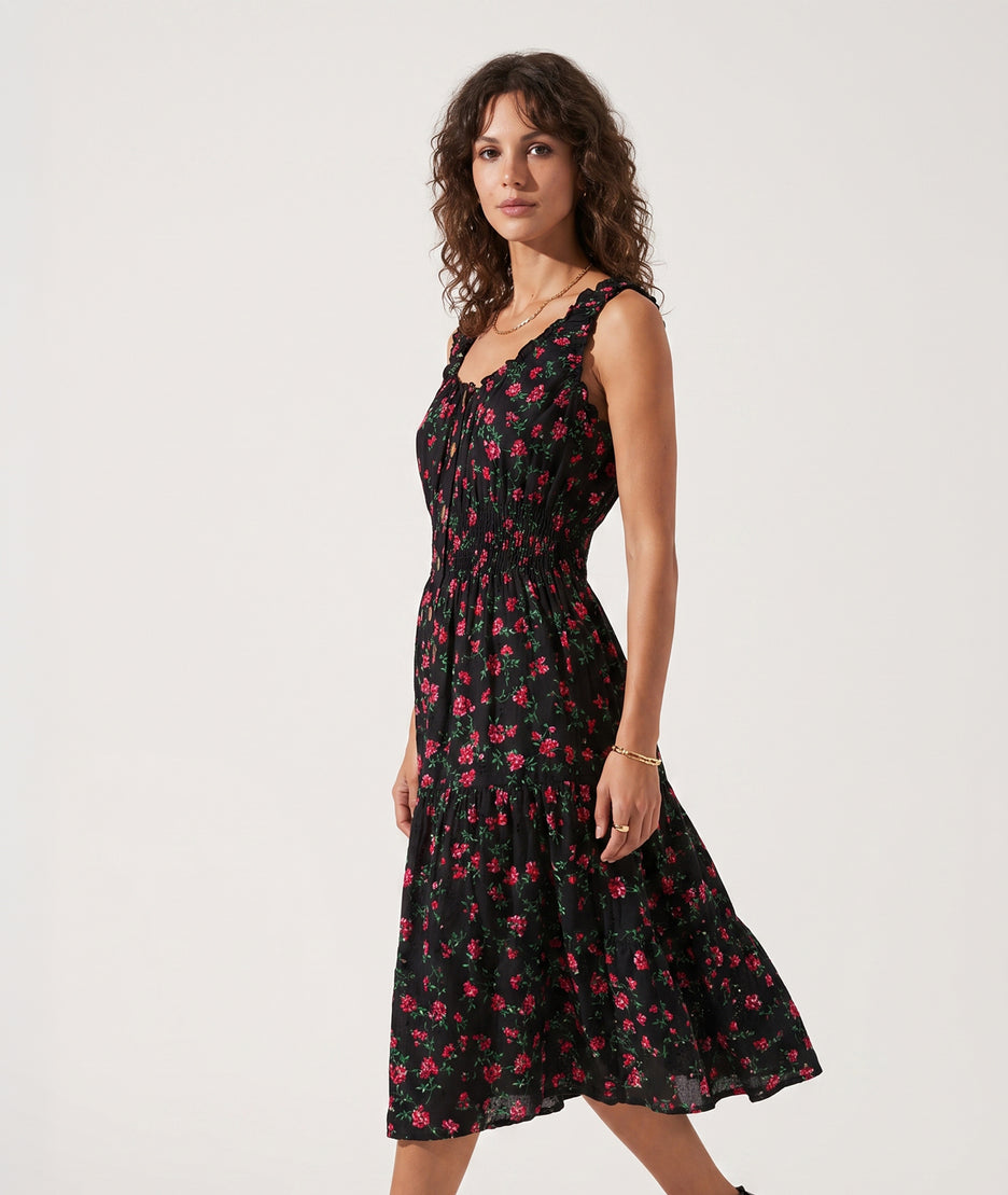 Robe Armande midi noir rouge motif fleuri face — marque Carnaby