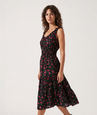 Robe midi Armande motif fleuri - noir/rouge
