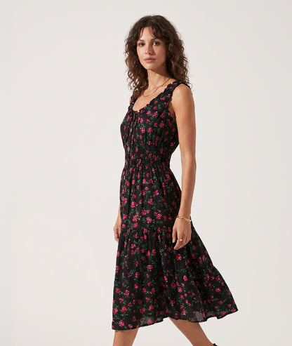 Robe Armande midi noir rouge motif fleuri face — marque Carnaby