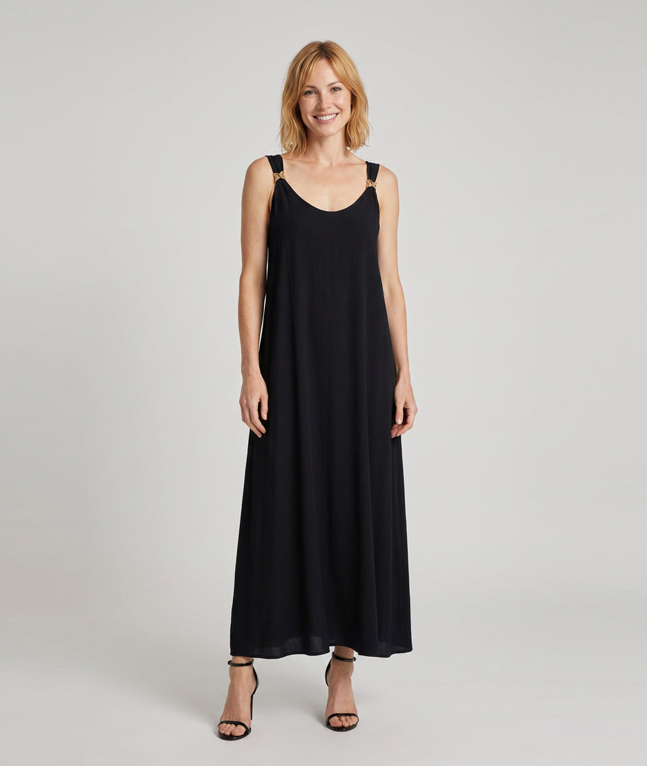 Robe longue Bij noire ample avec bretelles bijoux dorés — marque Carnaby