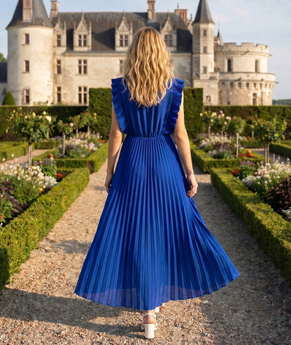 Robe Cindy longue plissée bleu roi dos