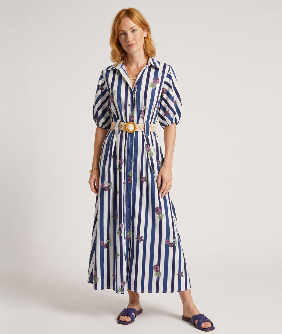 Robe longue en coton Claudie à rayures - marine face avant